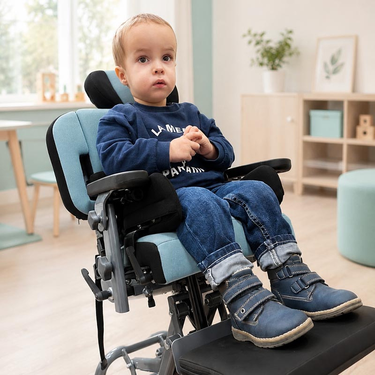 Kind in einer individuell angepassten Sitzschale mit Kopfstütze bei der Kinder-Reha-Sitzversorgung im KRIEGER Sanitätshaus