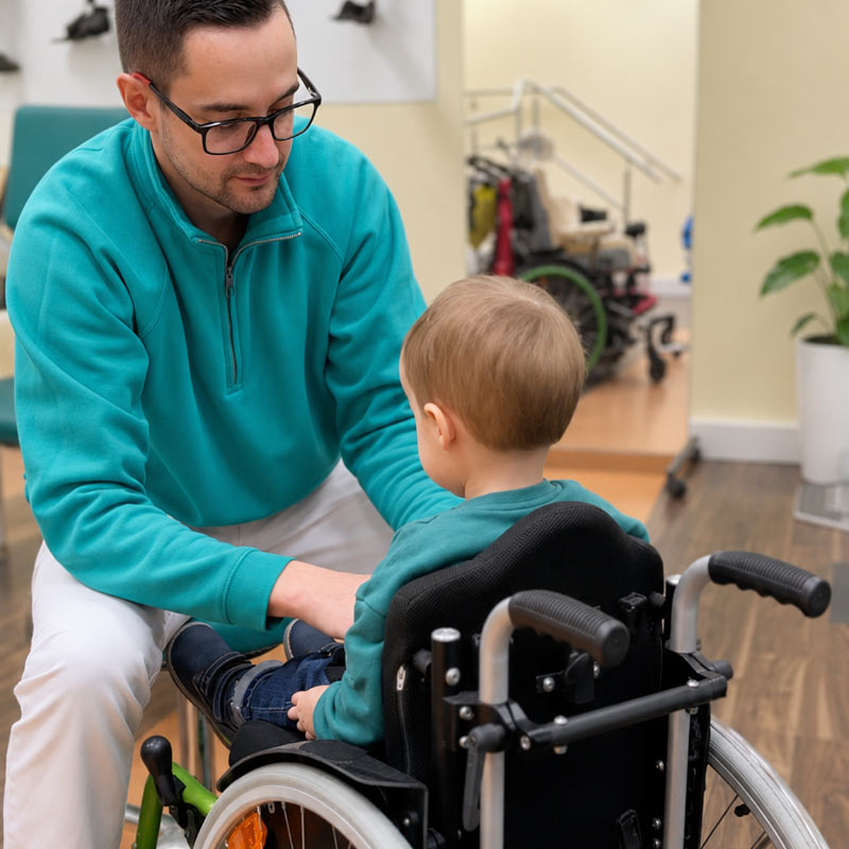 Fachberater des KRIEGER Sanitätshauses bei der individuellen Anpassung eines Kinderrollstuhls im Bereich Kinder-Reha