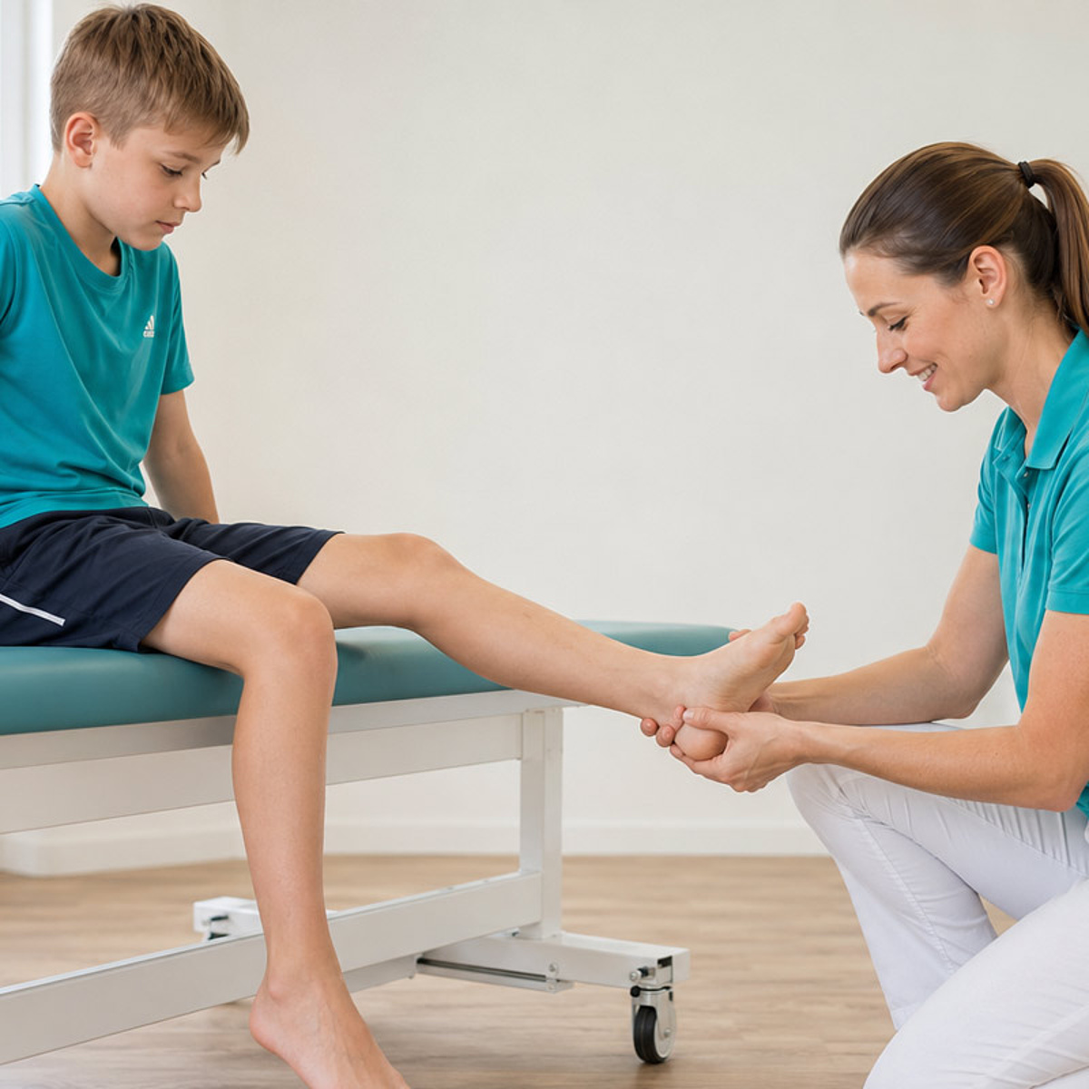 Fachberaterin des KRIEGER Sanitätshauses untersucht den Fuß eines Kindes zur individuellen Anpassung orthopädischer Einlagen in der Kinder-Reha