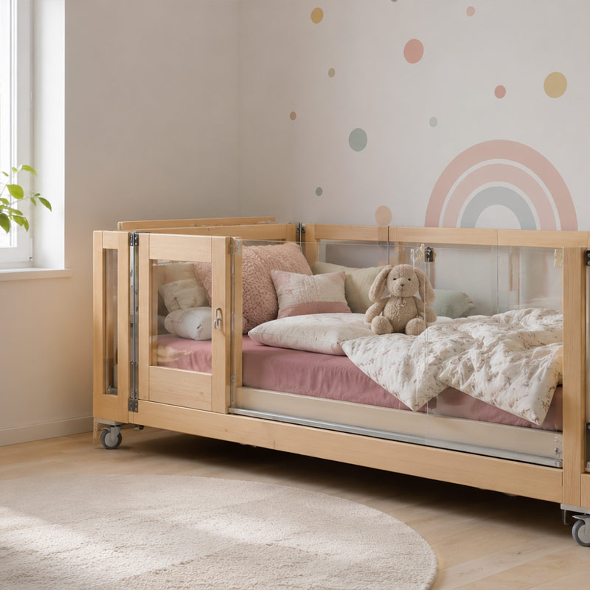 Kinderpflegebett mit hohen Seitengittern für eine sichere und bedarfsgerechte Pflege zu Hause im Bereich Kinder-Reha des KRIEGER Sanitätshauses
