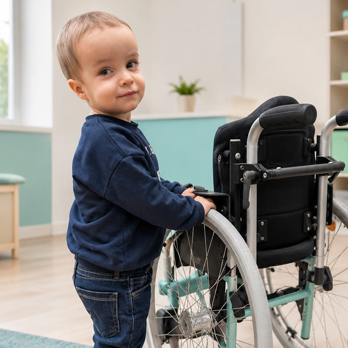 Kind neben einem individuell angepassten Aktivrollstuhl für Kinder im Bereich Kinder-Reha des KRIEGER Sanitätshauses