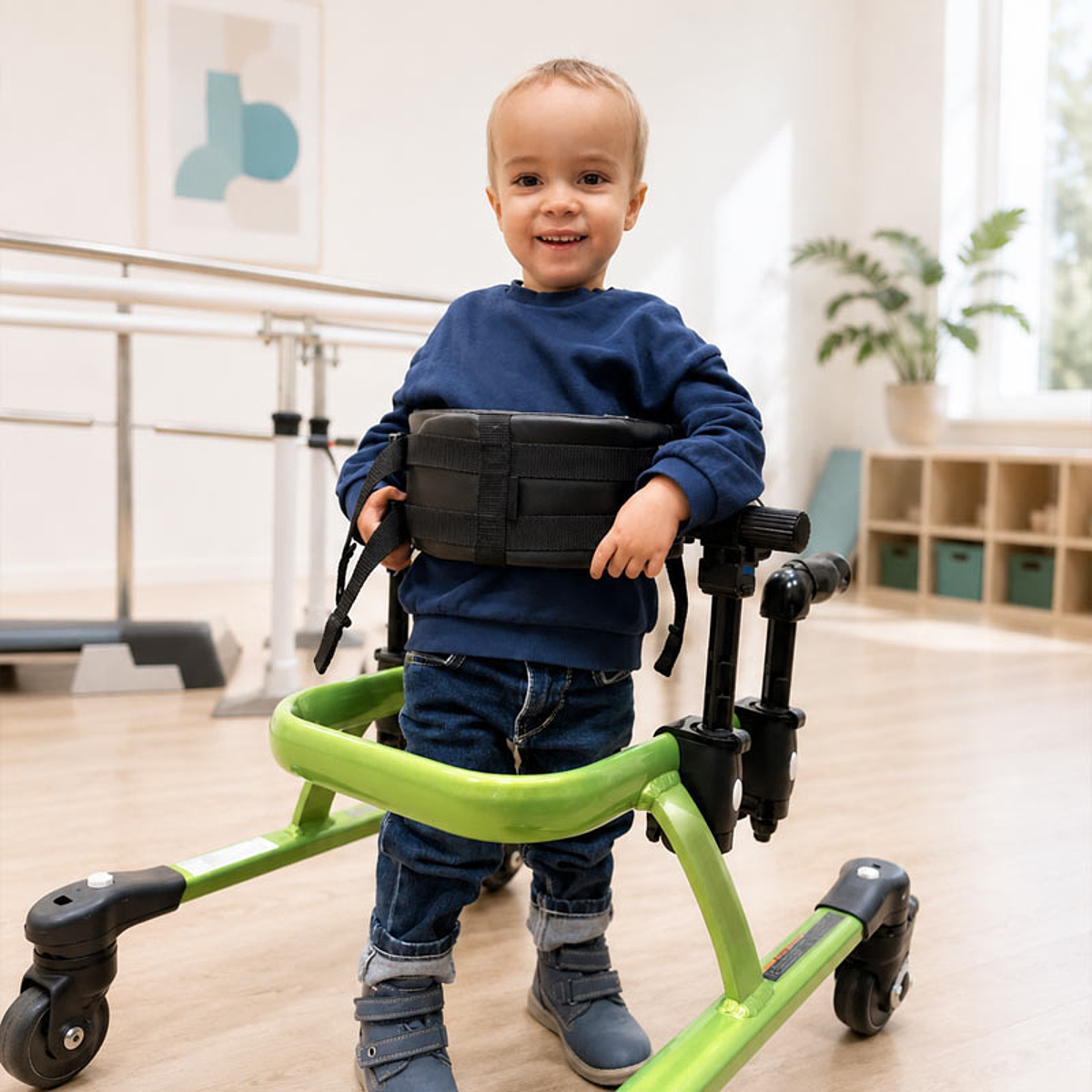 Kind mit individuell angepasstem Gehtrainer zur Unterstützung beim Stehen und Laufen im Bereich Kinder-Reha des KRIEGER Sanitätshauses