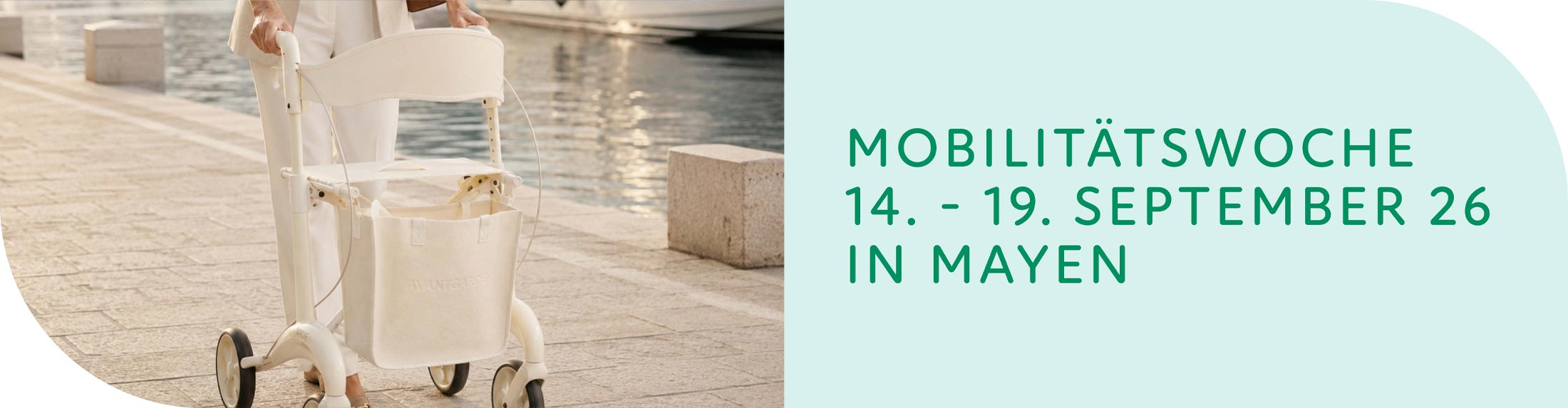 Mobilitätswoche im KRIEGER Sanitätshaus Mayen vom 14. bis 18. September 2026 mit Rollator-Check, Rollator-Outlet und Scooter-Testfahrten.