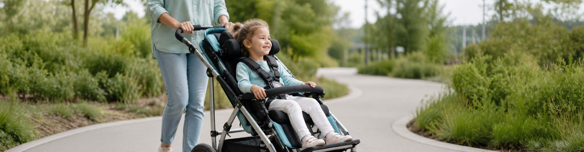 Kind im Reha-Buggy mit Begleitperson unterwegs im Freien im Bereich Kinder-Reha des KRIEGER Sanitätshauses