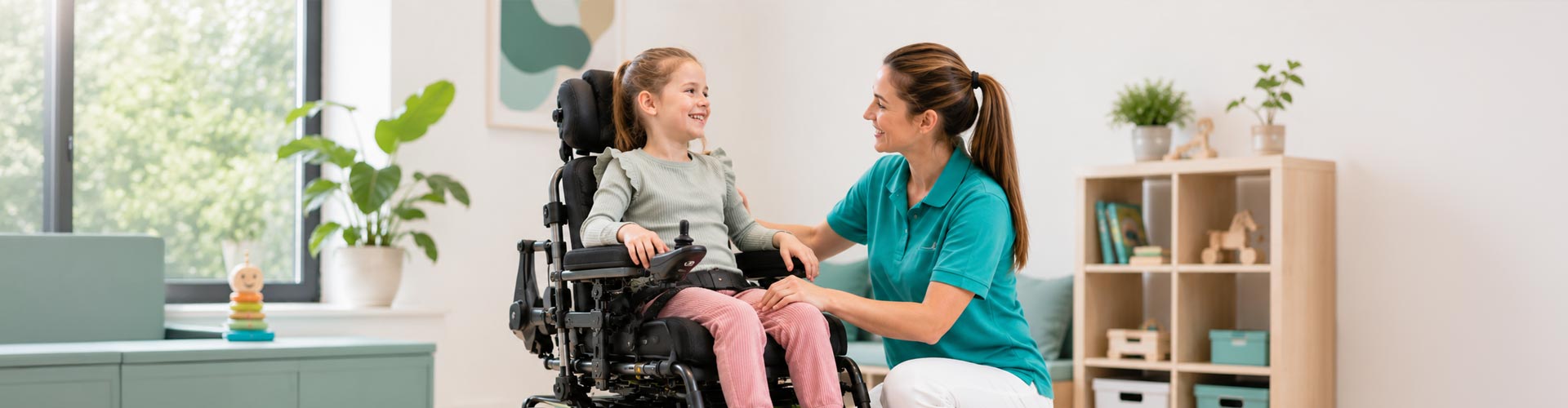 Kind in einem individuell angepassten Elektrorollstuhl bei der Kinder-Reha-Beratung im KRIEGER Sanitätshaus