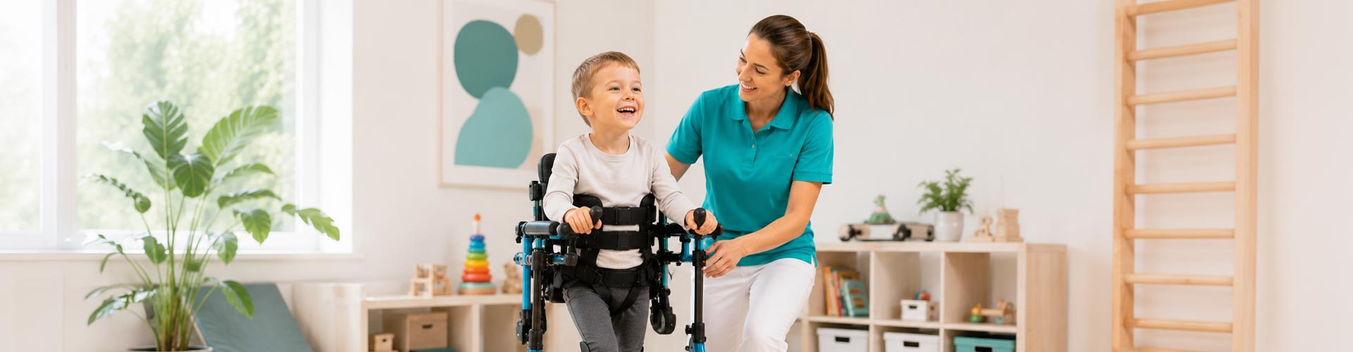 Kind beim Steh- und Lauftraining mit individuell angepasstem Stehgerät im Bereich Kinder-Reha des KRIEGER Sanitätshauses
