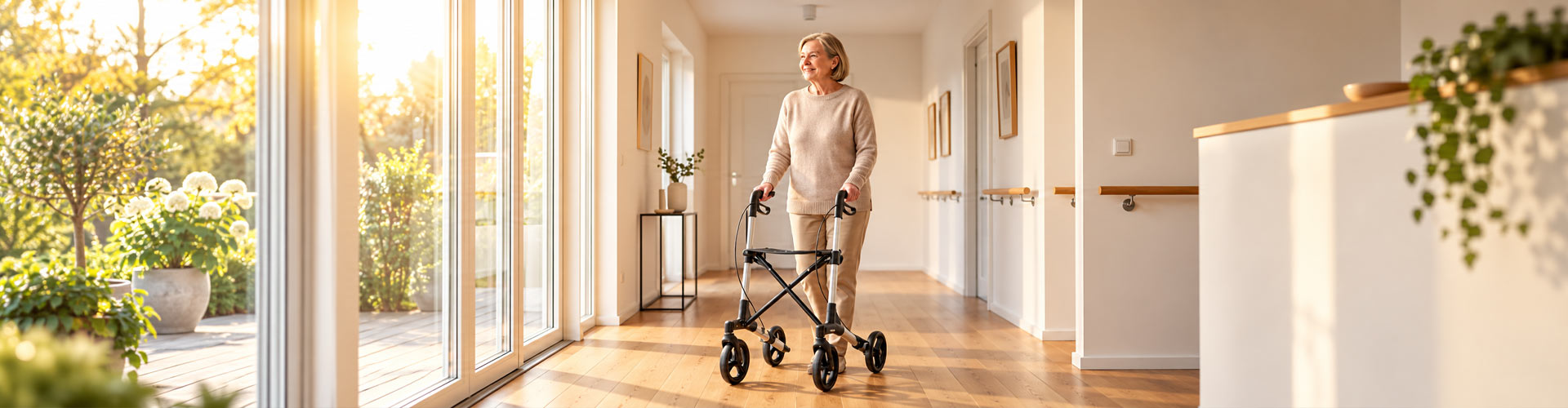 Seniorin mit Rollator zur Sturzprophylaxe im häuslichen Umfeld – KRIEGER Sanitätshaus