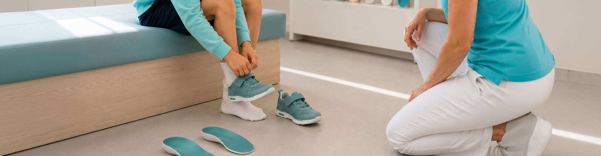 Fachberaterin des KRIEGER Sanitätshauses unterstützt ein Kind bei der Versorgung mit individuell angepassten orthopädischen Einlagen in der Kinder-Reha